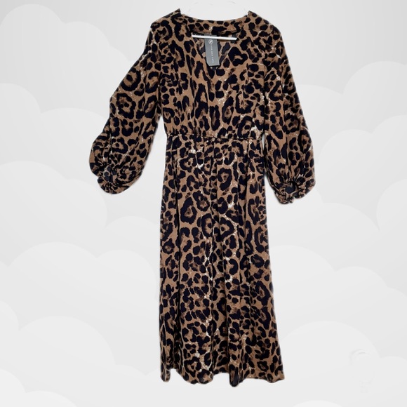 Leopard Print Cuffed Sleeve Cinched Waist Midi Dress - Picture 1 of 4